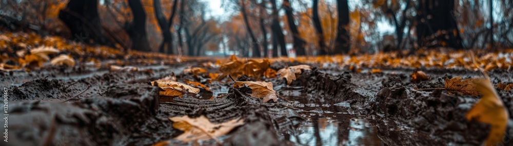 A forest with leaves on the ground and a puddle of water A forest with leaves on the ground and a puddle of water