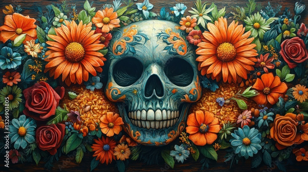 Ornate sugar skull adorned with vibrant flowers on wood Ornate sugar skull adorned with vibrant flowers on wood