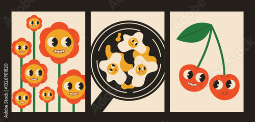 A collection of unique retro pop art illustrations with fun characters. The set includes smiling flowers, scrambled eggs with faces, and playful cherries. The stylish minimalist design is perfect for 