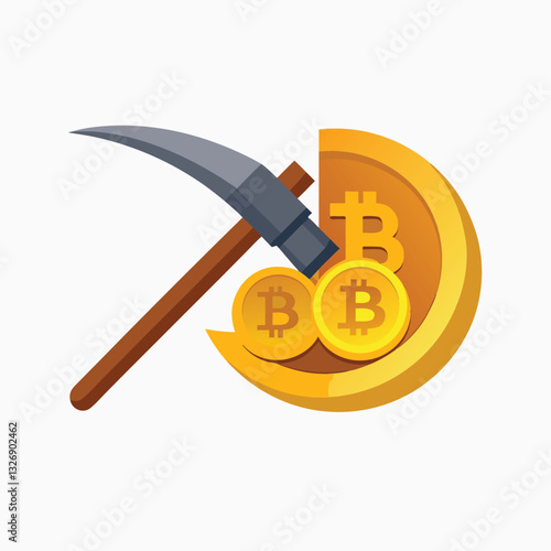 bitcoin mining. Stones, pickaxe and gold coins. Bitcoin and cryptocurrency mining vector icon isolated on white background