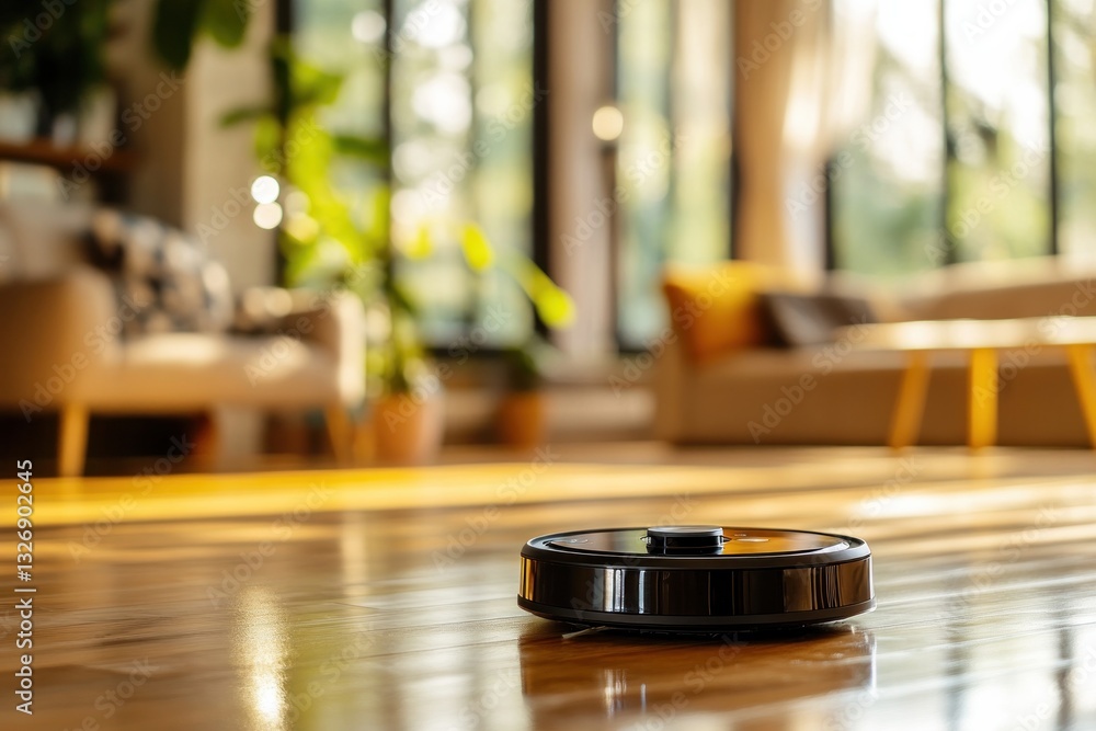 Obraz premium Modern home interior with sunlit living room and robotic vacuum cleaner on wooden floor