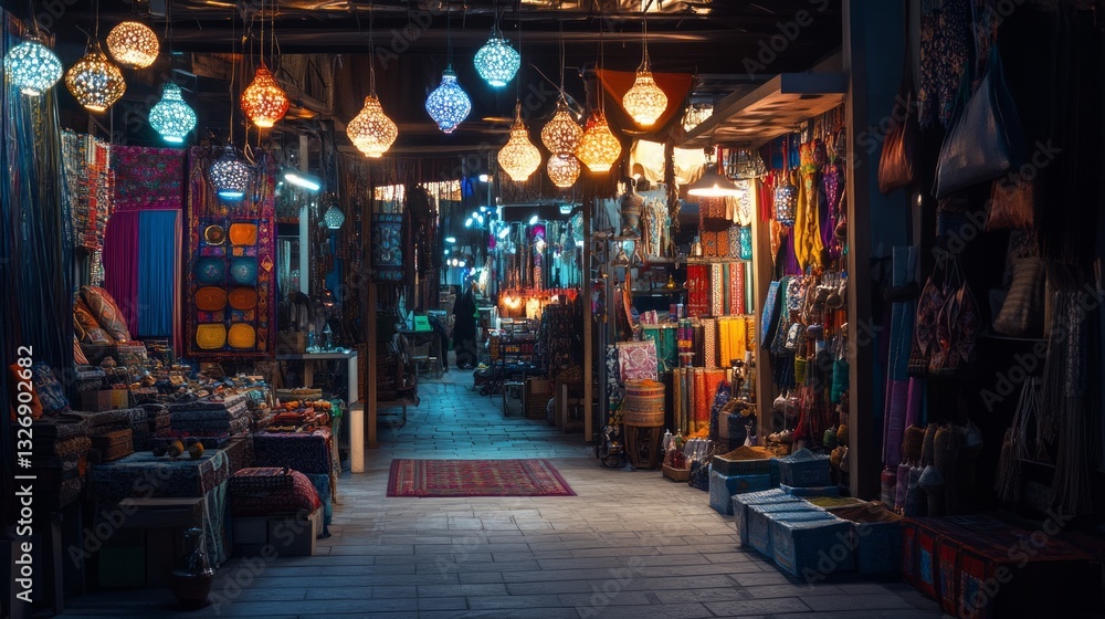 Obraz premium Night Market Scene Vibrant Colors and Hanging Lanterns