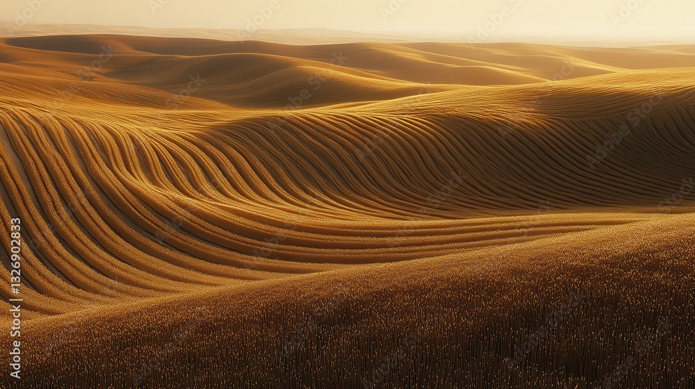 Naklejka premium Serene Golden Waves of Grain Fields Illuminated by Soft Sunset Light