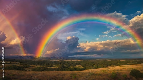 Rare Double Rainbow: Scenic View with Mountains and Lush Fields
