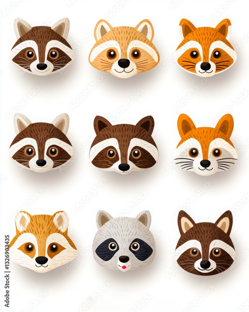 Fototapeta premium Woodland animals habitat hidden. A colorful arrangement of cartoon animal faces featuring raccoons and foxes, showcasing playful designs in a grid layout.