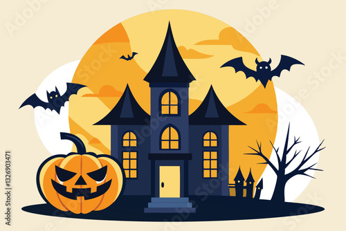 A whimsical haunted house with bats and a pumpkin under a full moon illuminates the eerie atmosphere Haunted house Customizable Disproportionate Illustration