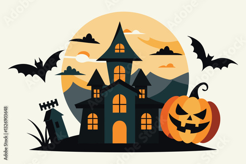 A whimsical haunted house with bats and a pumpkin under a full moon illuminates the eerie atmosphere Haunted house Customizable Disproportionate Illustration