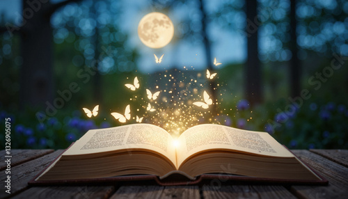 Glowing magic book with fluttering butterflies in enchanted woodland, wonder