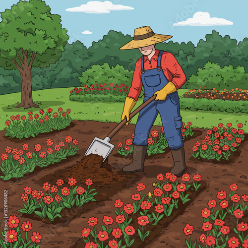 Gardener Digging Soil with Shovel Among Rows of Blooming Flowers