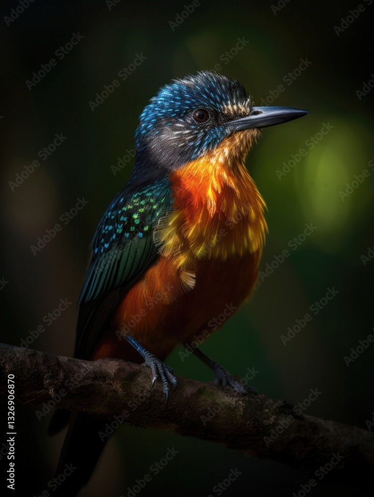 Fototapeta premium Vibrant Colorful Bird with Sharp Beak and Exotic Plumage Backlit by Warm Golden Hour Light