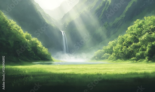 Serene landscape with a waterfall amidst lush greenery and soft rays of sunlight.