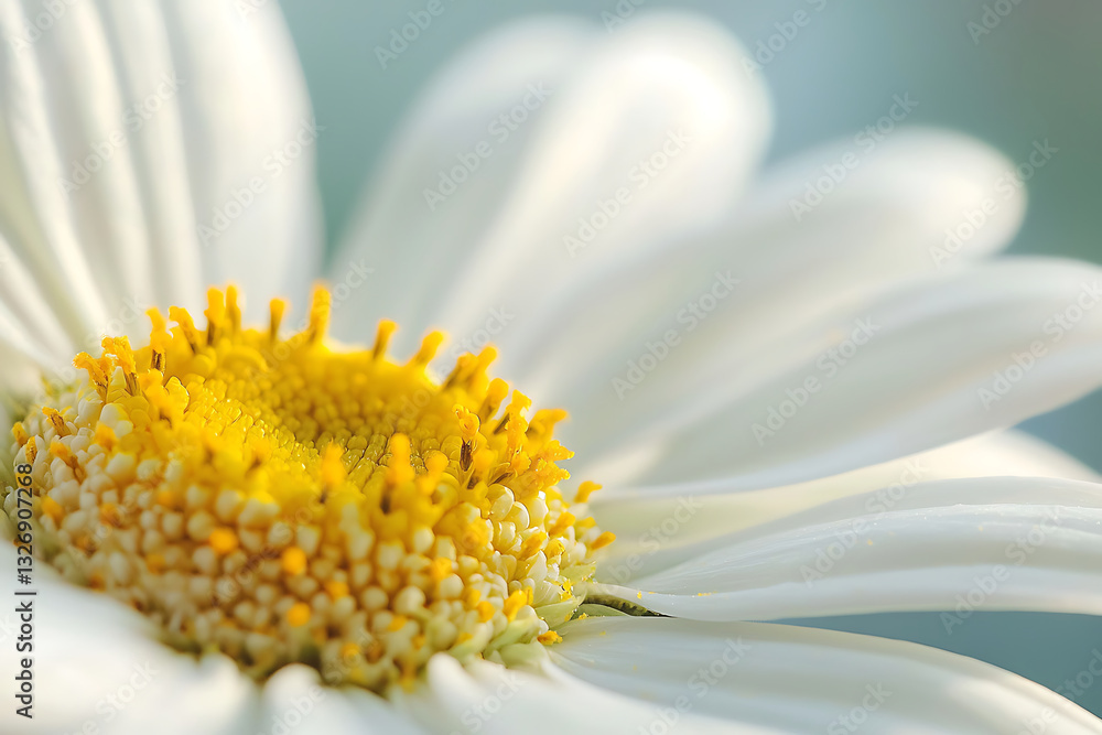 Obraz premium A delicate close-up photograph of a daisy flower showing its bright yellow center and soft white petals against a gentle blurred background in pastel tones.