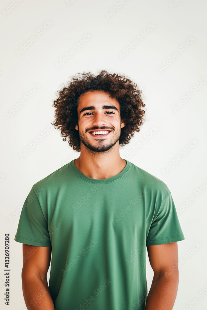 A man with curly hair is smiling and wearing a green shirt A man with curly hair is smiling and wearing a green shirt