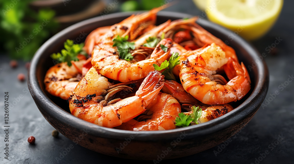 Grilled shrimp with golden, slightly charred exterior served in rustic bowl, garnished with fresh parsley. lemon wedge and peppercorns add zesty and spicy touch to dish Grilled shrimp with golden, slightly charred exterior served in rustic bowl, garnished with fresh parsley. lemon wedge and peppercorns add zesty and spicy touch to dish
