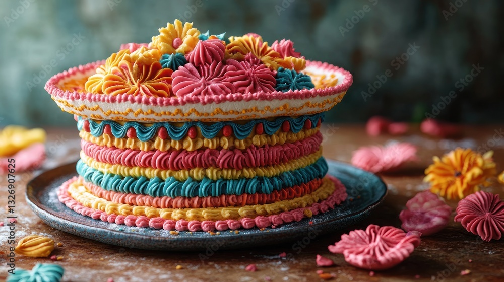 Colorful sombrero cake on rustic wooden table Colorful sombrero cake on rustic wooden table