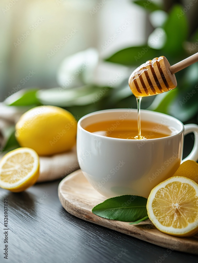 Honey Drizzling into Tea Kitchen Counter Macro Photography Cozy Environment Close-Up View Flavorful Concept Honey Drizzling into Tea Kitchen Counter Macro Photography Cozy Environment Close-Up View Flavorful Concept