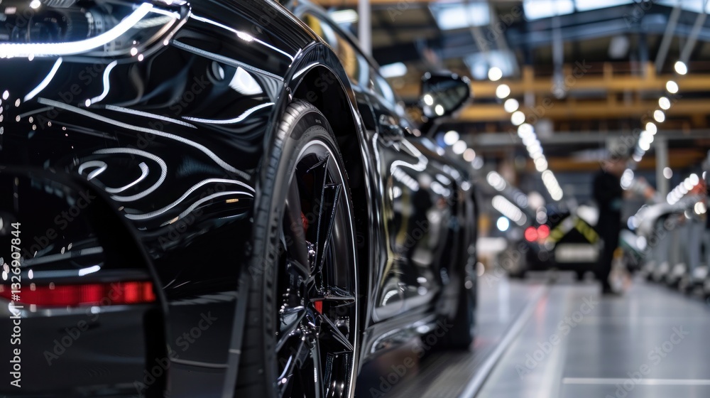 Sleek Black Sports Car in Automotive Production Facility Interior Sleek Black Sports Car in Automotive Production Facility Interior