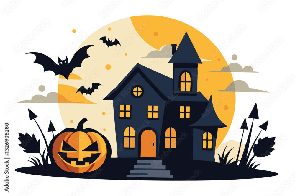 Spooky Halloween Night with Haunted House Bats Pumpkins Spooky Halloween Night with Haunted House Bats Pumpkins