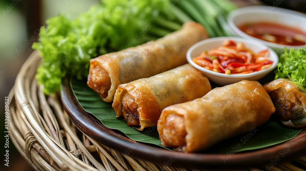 Crispy golden spring rolls served on banana leaf with fresh lettuce, accompanied by side of spicy dipping sauce and sliced red chilies, presented on rustic woven tray Crispy golden spring rolls served on banana leaf with fresh lettuce, accompanied by side of spicy dipping sauce and sliced red chilies, presented on rustic woven tray