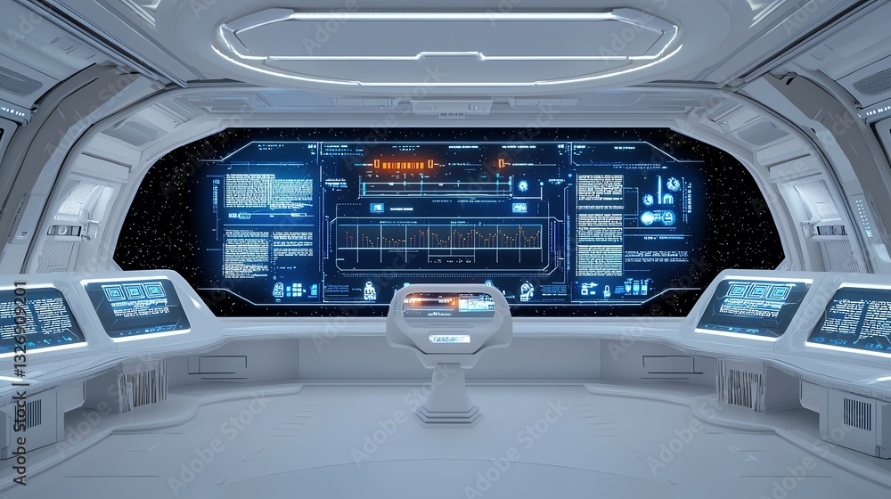 Futuristic control room interior featuring advanced digital displays and sleek white design. Ideal for sci-fi or tech themes. Futuristic control room interior featuring advanced digital displays and sleek white design. Ideal for sci-fi or tech themes.