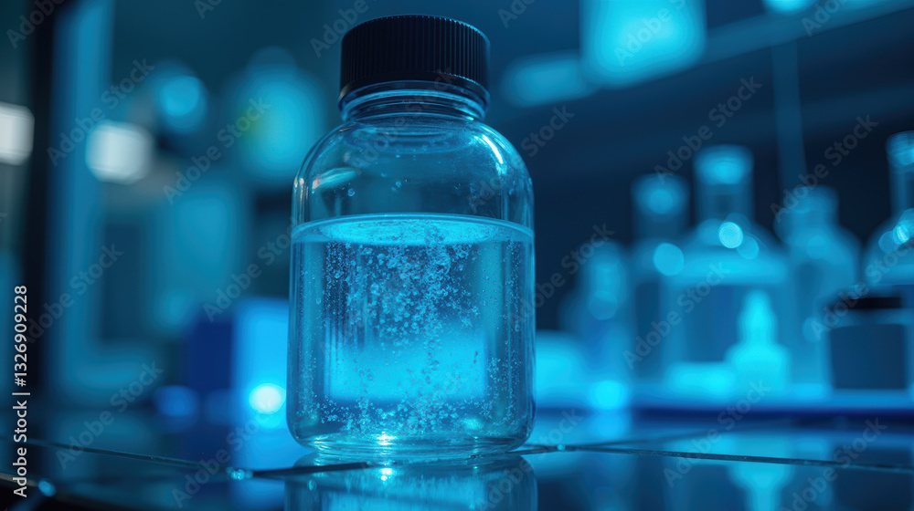 clear glass jar filled with liquid, illuminated in laboratory setting, creates serene atmosphere clear glass jar filled with liquid, illuminated in laboratory setting, creates serene atmosphere