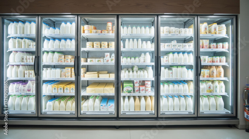 Fresh dairy products displayed in well organized refrigerator