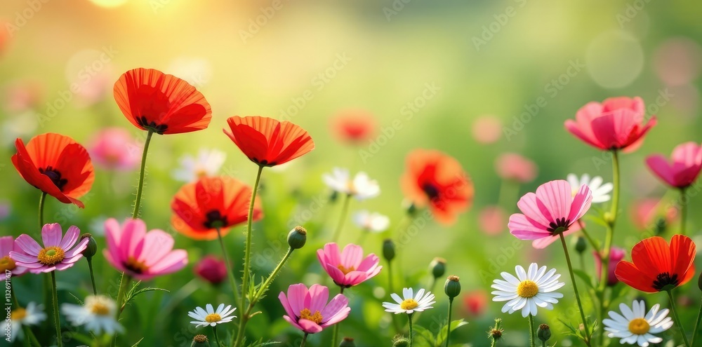 Colorful mix of poppies and daisies in a meadow, wildflowers, floral, pink Colorful mix of poppies and daisies in a meadow, wildflowers, floral, pink