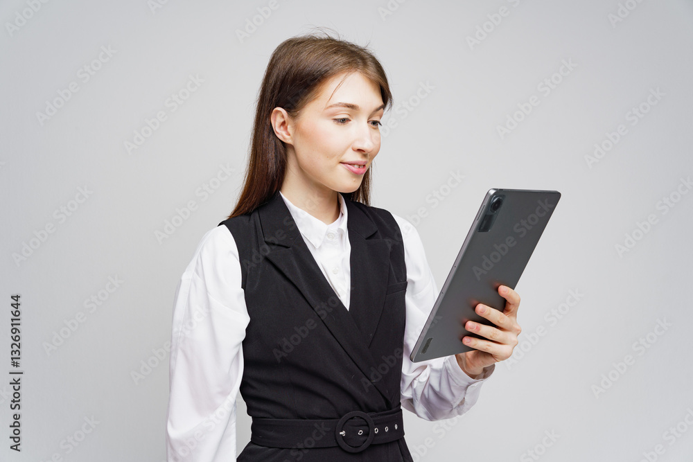 Young professional woman engaged in digital work holding a tablet with a focused expression in a neutral background Young professional woman engaged in digital work holding a tablet with a focused expression in a neutral background