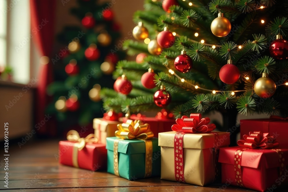 Colorful wrapping paper and bows overflowing from a grand golden tree, colorful, holiday, Christmas