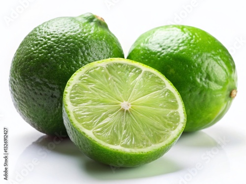 Fresh Green Limes, Slices, White Background - Juicy Citrus Fruit Photography