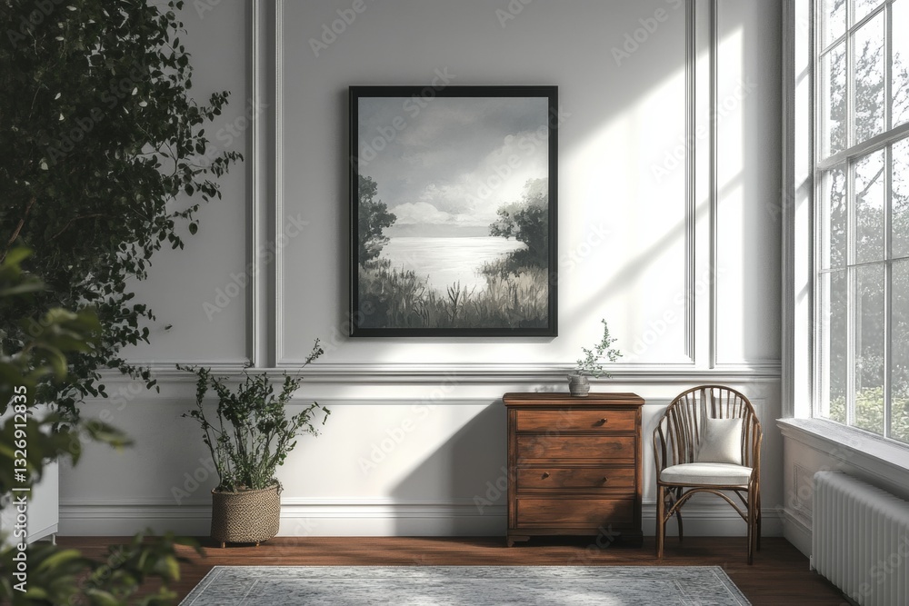 Blue Grey gallery room interior with drawer and decoration, mockup blank frame, 3D Rendering, 32k Resolution Blue Grey gallery room interior with drawer and decoration, mockup blank frame, 3D Rendering, 32k Resolution