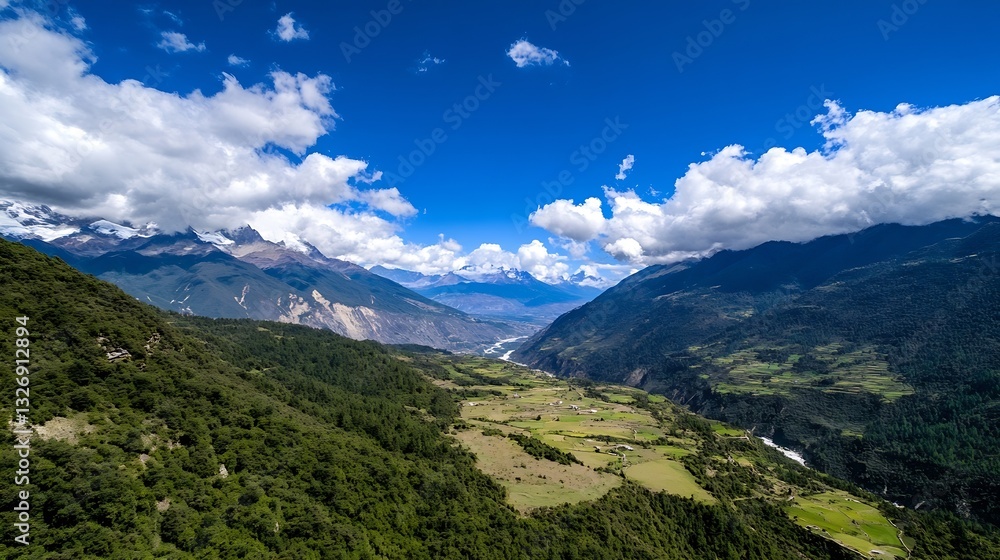 Naklejka premium Breathtaking aerial view of a lush valley framed by majestic mountains under a clear blue sky : Generative AI