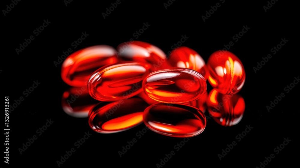 Astaxanthin, Artistic arrangement of astaxanthin capsules on a vibrant background. Astaxanthin, Artistic arrangement of astaxanthin capsules on a vibrant background.