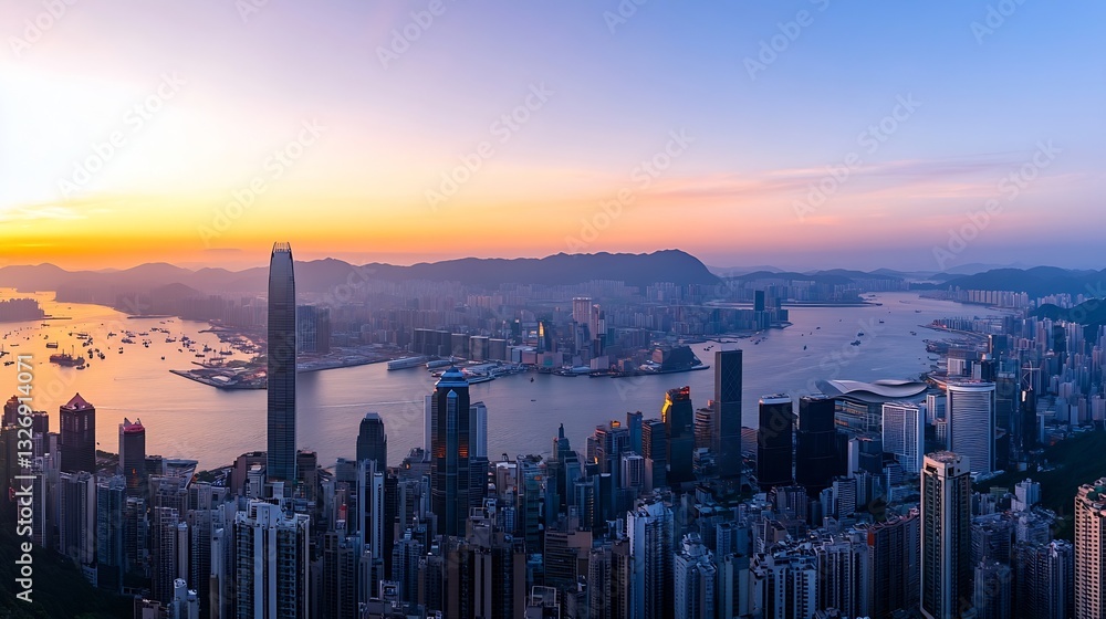 Obraz premium A breathtaking skyline view of Hong Kong during sunset showcasing city lights and harbor : Generative AI