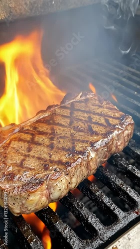 Grilling a thick steak over open flames during an outdoor barbecue gathering in warm weather
