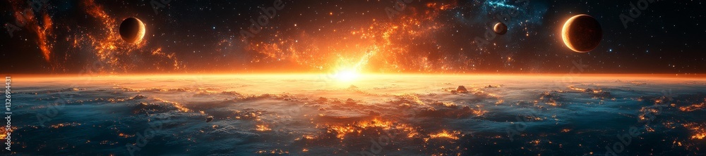 Fototapeta premium Otherworldly Eclipse Event with Fiery Planetary Orbits. Generative AI