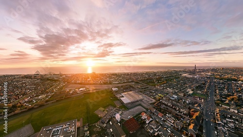 An aerial view of a sunset over Blackpool in Lancashire, UK