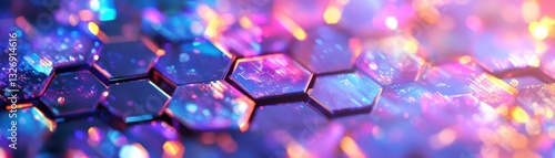 Holographic hexagonal pattern with neon light reflections, futuristic tech concept