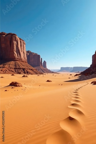 Fototapeta Naklejka Na Ścianę i Meble -  Empty, vast desert with sand dunes and rock formations, solitude, dunes, rocks