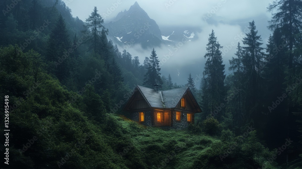 Fototapeta premium Secluded Mountain Cabin Night Lights Forest View