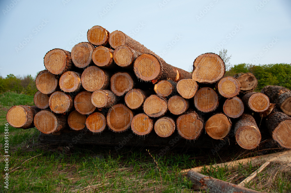 Large stacked tree logs with visible resin dripping under sunlight, emphasizing natural patterns and textures. Large stacked tree logs with visible resin dripping under sunlight, emphasizing natural patterns and textures.