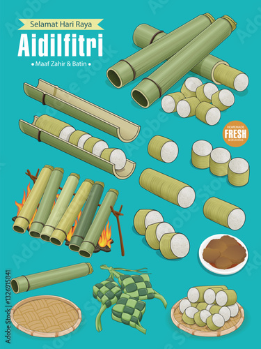 Hari Raya Aidilfitri background design with ketupat, lemang. Malay means Fasting day celebration, I seek forgiveness, physically and spiritually.