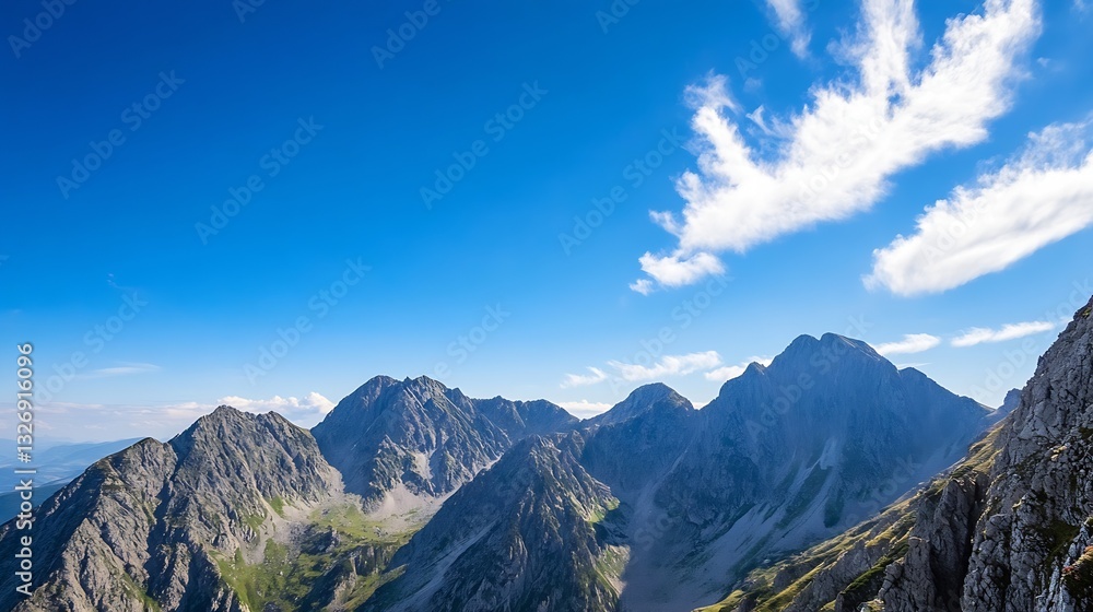 Fototapeta premium Stunning panoramic view of majestic mountains under a brilliant blue sky and scattered clouds : Generative AI