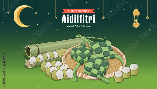 Hari Raya Aidilfitri background design with ketupat, lemang. Malay means Fasting day celebration, I seek forgiveness, physically and spiritually.