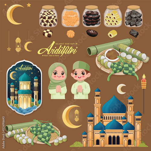 Hari Raya Aidilfitri background design with ketupat, lemang. Malay means Fasting day celebration, I seek forgiveness, physically and spiritually.