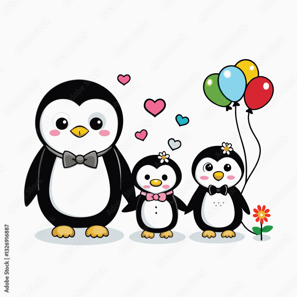 Obraz premium Watercolor valentine's day animal couple. Cute Penguins in Love, Holding Heart Balloons vector cartoon illustration isolated on white background