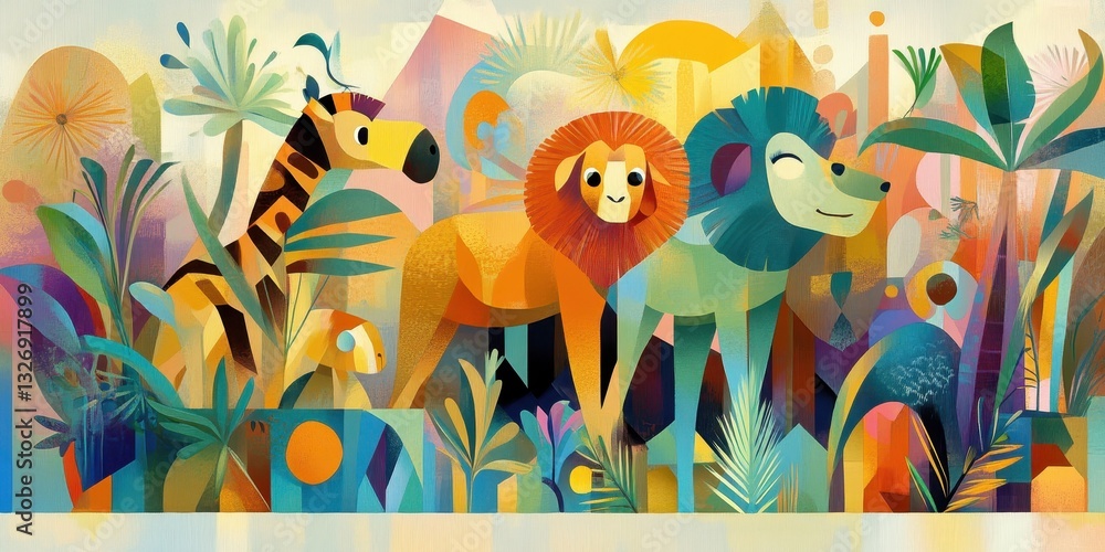 A Colorful Illustration Featuring Lions A Giraffe And Vegetation
