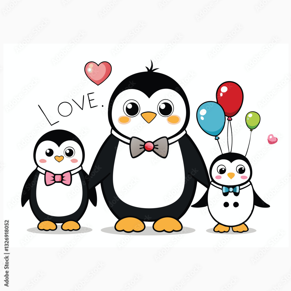 Naklejka premium Cute valentines day animal couple. Couple of animals, three cute penguins fall in love. Adorable pair of lovers with pink heart flirting with each other. Cartoon vector illustration