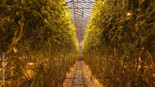 View of tomato plants in greenhouse interior in winter, Reykholt, Borgarfjorour, Western Region, Iceland