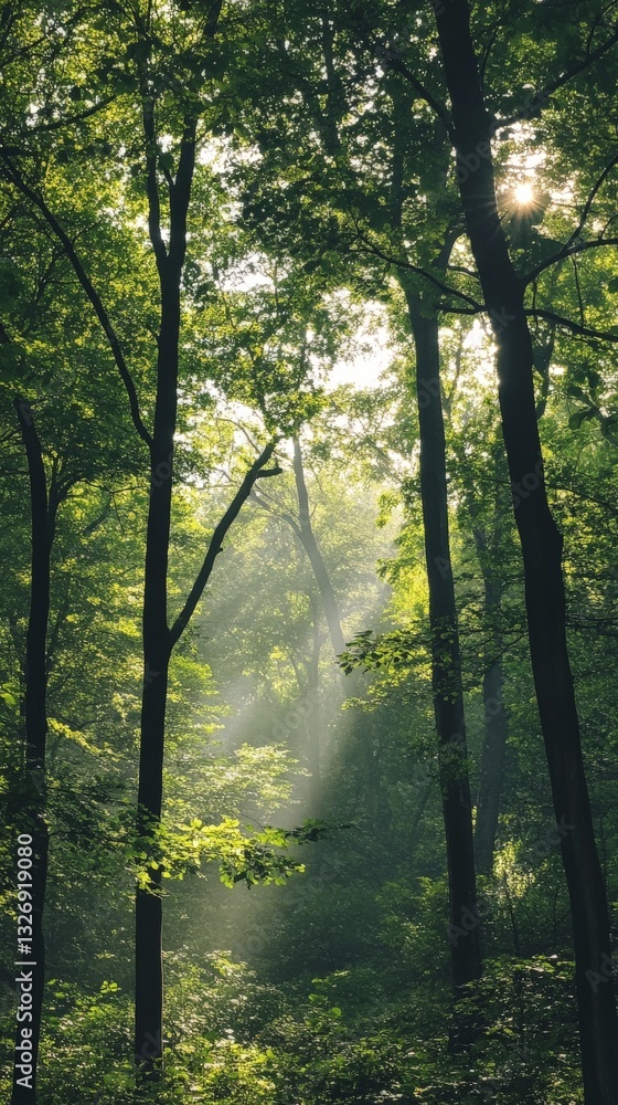 Obraz premium Sunlight filtering through lush green forest trees in early morning